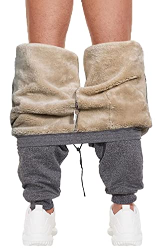 CheChury Jogginghose Herren Winter Fleece Sweathose High Waist Trainingshose Sherpa Gefüttert Warme Männer Sporthose Baumwolle Slim Fit Freizeithose mit Taschen Relaxing Hose mit Kordelzug,Grau,L von CheChury