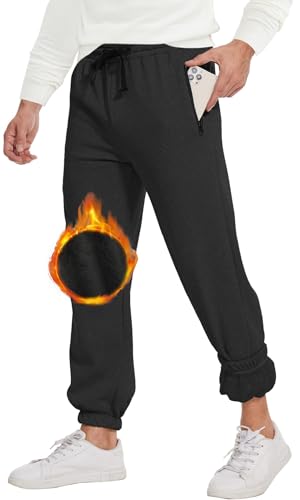 CheChury Jogginghose Herren Winter Fleece Sweathose High Waist Warme Trainingshose Sherpa Gefüttert Männer Sporthose Baumwolle Freizeithose mit Taschen Casual Herren Fleece Hosen Fitness,Schwarz,L von CheChury