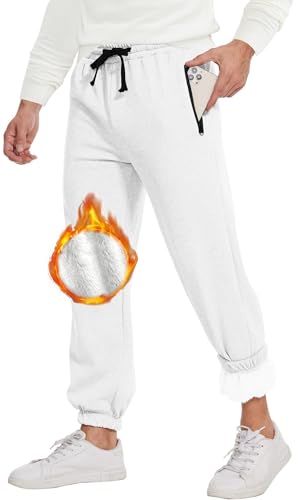 CheChury Jogginghose Herren Winter Fleece Sweathose High Waist Warme Trainingshose Sherpa Gefüttert Männer Sporthose Baumwolle Slim Freizeithose mit Taschen Casual Herren Fleece Hosen Fitness,Weiß,XL von CheChury