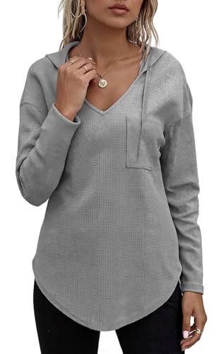 CheChury Kapuzenpullover Damen Sommer Leicht Hoodie Langarm Herbst Kapuzenpullover V Ausschnitt Hoodie Slim Fit Pullover Damen Sweatshirt Einfarbig Drawstring Top Casual Oberteile T-Shirt,Grau,S von CheChury