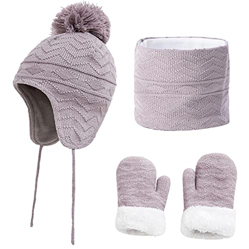 CheChury Kinder Mütze Schal Handschuhe Set Jungen Mädchen Strickmütze Mit Pompon Schlauchschal Baby Wintermütze Beanie Hut Schal Set Wintermütze Winterschal Innenfutter Kinder,Grau,S von CheChury