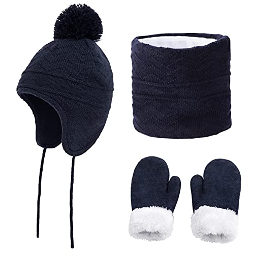 CheChury Kinder Mütze Schal Handschuhe Set Jungen Mädchen Strickmütze Mit Pompon Schlauchschal Baby Wintermütze Beanie Hut Schal Set Wintermütze Winterschal Innenfutter Kinder,Navy blau,S von CheChury