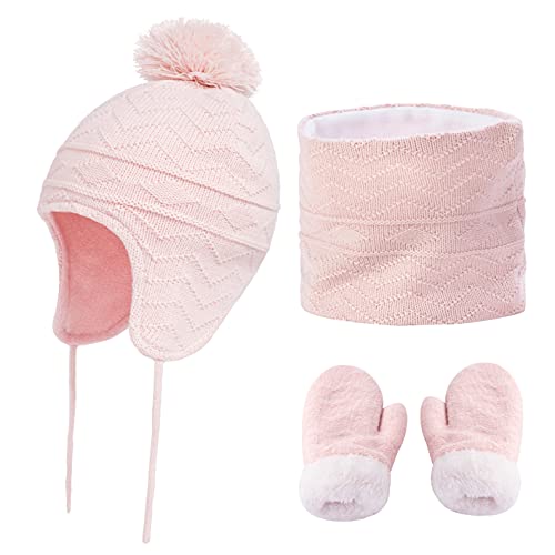 CheChury Kinder Mütze Schal Handschuhe Set Jungen Mädchen Strickmütze Mit Pompon Schlauchschal Baby Wintermütze Beanie Hut Schal Set Wintermütze Winterschal Innenfutter Kinder,Rosa,S von CheChury