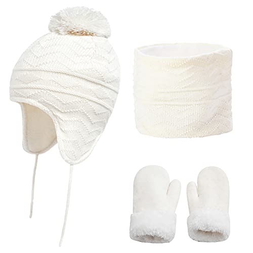 CheChury Kinder Mütze Schal Handschuhe Set Jungen Mädchen Strickmütze Mit Pompon Schlauchschal Baby Wintermütze Beanie Hut Schal Set Wintermütze Winterschal Innenfutter Kinder,Weiß,S von CheChury