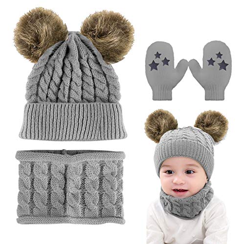 CheChury Kinder Winter Gestrickter Mütze Schal Handschuhe Sets, Warm Winterschal Warme Schlupfmütze Winter Hat Slouchy Schlauchschal Set, 0-36 Monate Baby-C-Grau-One Size von CheChury