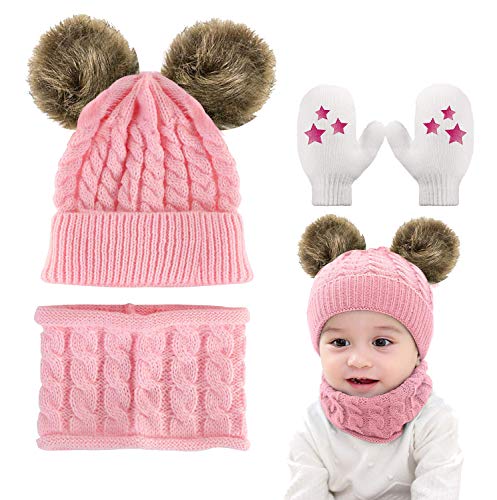 CheChury Kinder Winter Gestrickter Mütze Schal Handschuhe Sets, Warm Winterschal Warme Schlupfmütze Winter Hat Slouchy Schlauchschal Set, 0-36 Monate Baby-C-Rosa-One Size von CheChury