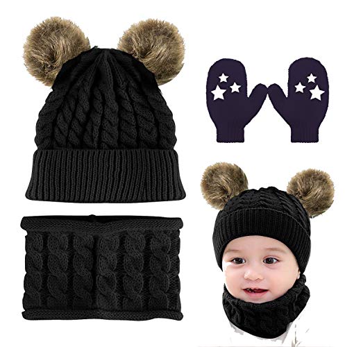 CheChury Kinder Winter Gestrickter Mütze Schal Handschuhe Sets, Warm Winterschal Warme Schlupfmütze Winter Hat Slouchy Schlauchschal Set, 0-36 Monate Baby-C-Schwarz-One Size von CheChury