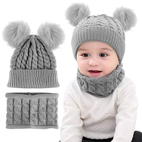 CheChury Warme Winter Mütze Schal Kinder Sets Baby Mädchen Beanie Hut Jungen Strickmütze mit Bommel Babymütze Schlupfmütze für 0-3 Jahre Kinder-B-Grau-One Size von CheChury