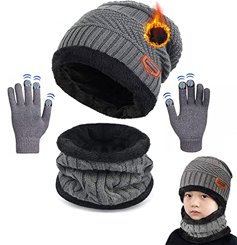 CheChury Kinder Wintermütze Beanie Hut Schal Touchscreen Handschuhe Thermo Winterschal Strickmütze Warme Fleecefutter Hat Knit Hut Loop Schal 3-10 Jahre von CheChury