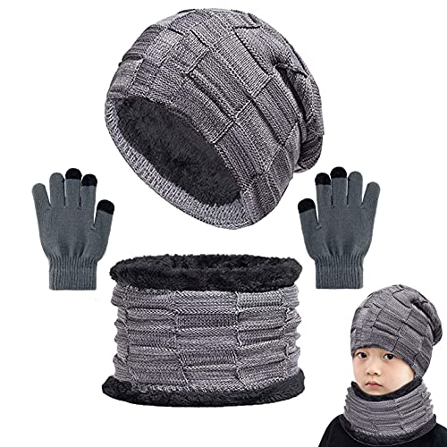 CheChury Kinder Wintermütze Strickmütze Warme Beanie Mütze Winterschal Kreis Schal Set und Warm Strick Handschuhe mit Fleecefutter (Grau-1, One size) von CheChury