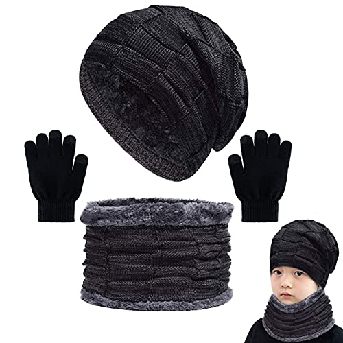 CheChury Kinder Wintermütze Strickmütze Warme Beanie Mütze Winterschal Kreis Schal Set und Warm Strick Handschuhe mit Fleecefutter (Schwarz-1, One size) von CheChury