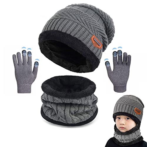 CheChury Kinder Wintermütze Strickmütze Warme Beanie Mütze Winterschal Kreis Schal Set und Warm Strick Handschuhe mit Fleecefutter-Grau-One Size von CheChury