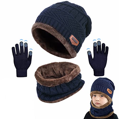 CheChury Kinder Wintermütze Strickmütze Warme Beanie Mütze Winterschal Kreis Schal Set und Warm Strick Handschuhe mit Fleecefutter-Marine-One Size von CheChury