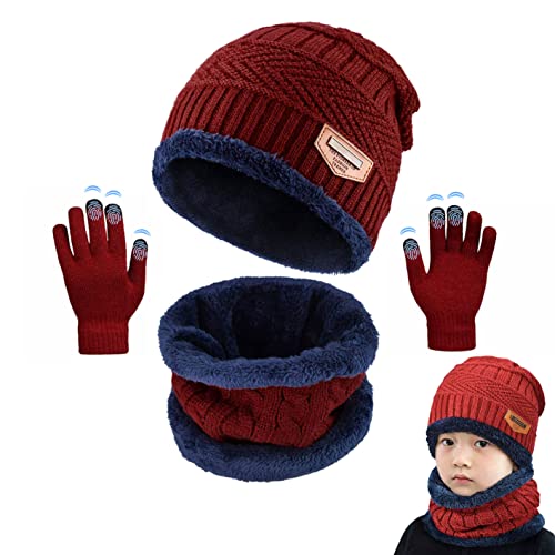 CheChury Kinder Wintermütze Strickmütze Warme Beanie Mütze Winterschal Kreis Schal Set und Warm Strick Handschuhe mit Fleecefutter-Rot-One Size von CheChury