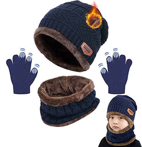 CheChury Kinder Wintermütze Beanie Hut Schal Touchscreen Handschuhe Thermo Winterschal Strickmütze Warme Fleecefutter Hat Knit Hut Loop Schal 3-10 Jahre von CheChury