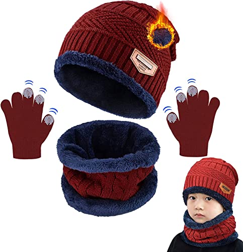 CheChury Kinder Wintermütze Beanie Hut Schal Touchscreen Handschuhe Thermo Winterschal Strickmütze Warme Fleecefutter Hat Knit Hut Loop Schal 3-10 Jahre von CheChury