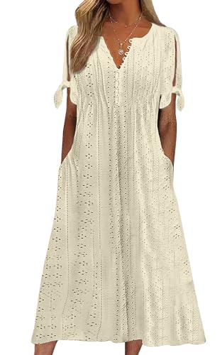 CheChury Kleid Damen Sommer Sommerkleid Strandkleid Midi Kleid Leicht Luftig Blusenkleid Sommerkleid Maxi Kurzarm Große Lang Maxikleid Strandkleid Schick A Linie Freizeitkleid Boho Kleid mit Taschen von CheChury