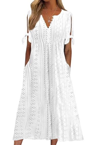 CheChury Kleid Damen Sommer Sommerkleid Strandkleid Midi Kleid Leicht Luftig Blusenkleid Sommerkleid Maxi Kurzarm Große Lang Maxikleid Strandkleid Schick A Linie Freizeitkleid Boho Kleid mit Taschen von CheChury