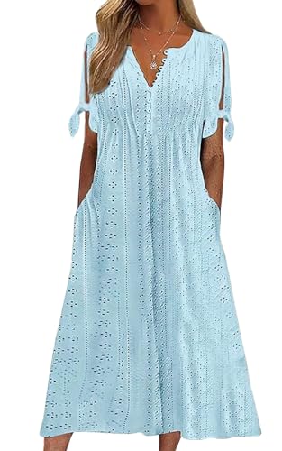 CheChury Kleid Damen Sommer Sommerkleid Strandkleid Midi Kleid Leicht Luftig Blusenkleid Sommerkleid Maxi Kurzarm Große Lang Maxikleid Strandkleid Schick A Linie Freizeitkleid Boho Kleid mit Taschen von CheChury