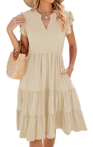CheChury Kleider Damen Sommer Lang Kleider Boho Sommerkleid Lang Maxikleid Sommer Kleid mit V-Ausschnitt Damen Bohemian Tunika Kleid Rüschen Freizeitkleider Lang Strandkleid Boho Beach Kleider,Beige,M von CheChury