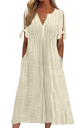 CheChury Kleider Damen Sommer Lang Kleider Boho Weiß Sommerkleid Lang Maxikleid Sommer Kleid mit V-Ausschnitt Elegant Freizeitkleider V-Ausschnitt Strandkleid Lang Freizeitkleid Beach Kleider,Beige,XL von CheChury