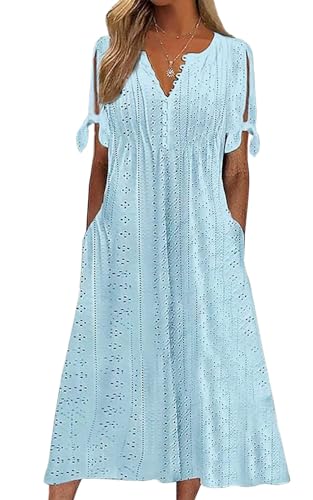 CheChury Kleider Damen Sommer Lang Kleider Boho Weiß Sommerkleid Lang Maxikleid Sommer Kleid mit V-Ausschnitt Elegant Freizeitkleider V-Ausschnitt Strandkleid Lang Freizeitkleid Beach Kleider,Blau,XXL von CheChury