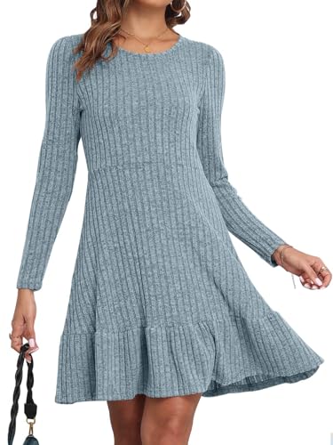CheChury Strickkleid für Damen - Hohe Elastizität Pulloverkleid Mit Puff Ärmel, Rundhalsausschnitt, A-Linie - Einfarbiges Langarm Freizeitkleid für Herbst und Winter von CheChury