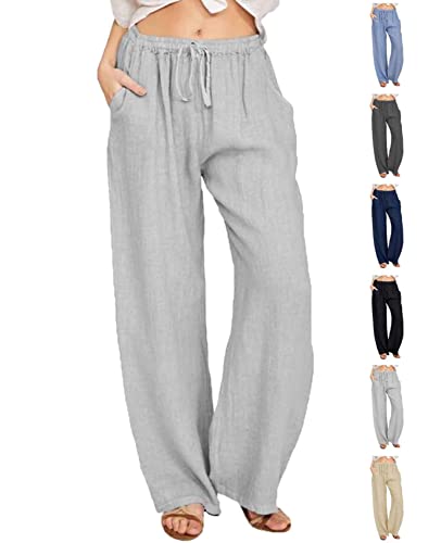 CheChury Lang Freizeithose Kordelzug Jogginghose Damen Baumwolle Trainingshose Frauen Atmungsaktiv Jogger Hosen Casual Sporthose Basic Sweathose High Waist Freizeithose Flachs Hosen mit Taschen，Grau,S von CheChury