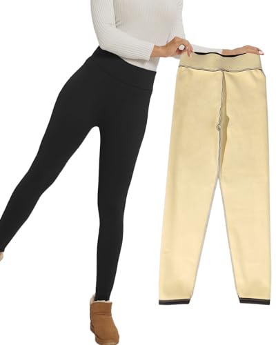 CheChury Leggings Damen Warme Hosen Dicke Leggings Elastische Hosen High Waist Thermoleggins Fleece Hose Winter Wärme Jogginghose Damen Thermohose Hosen mit Taschen Freizeithose Frauen,Schwarz,XL von CheChury