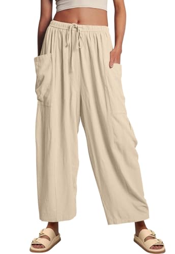 CheChury Leinenhose Damen Hose Sommer Musselin Hosen Leicht Casual Locker Stoffhose Einfarbig Freizeithose Palazzo Hose Weite Leg Lounge Hose Hohe Taille Sommerhose mit Tunnelzug und Taschen,Beige,M von CheChury