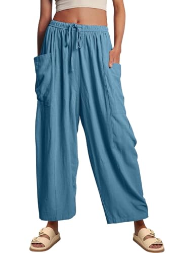 CheChury Leinenhose Damen Hose Sommer Musselin Hosen Leicht Casual Locker Stoffhose Einfarbig Freizeithose Palazzo Hose Weite Leg Lounge Hose Hohe Taille Sommerhose mit Tunnelzug und Taschen,Blau,L von CheChury