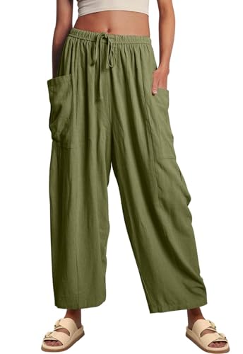 CheChury Leinenhose Damen Hose Sommer Musselin Hosen Leicht Casual Locker Stoffhose Einfarbig Freizeithose Palazzo Hose Weite Leg Lounge Hose Hohe Taille Sommerhose mit Tunnelzug und Taschen,Grün,M von CheChury