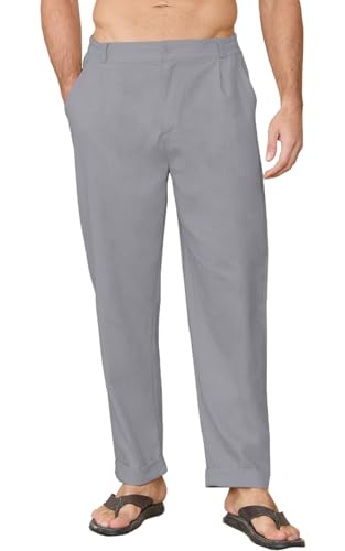 CheChury Leinenhose Herren Sommer Lang Hosen Lässige Herren Sommerhose Loose Fit Freizeithose Sommer Einfarbig Hose Lang Strandhose Urlaub Alltag Leinen Hose Leicht Herren mit Taschen,Grau,XL von CheChury