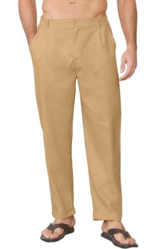 CheChury Leinenhose Herren Sommer Lang Hosen Lässige Herren Sommerhose Loose Fit Freizeithose Sommer Einfarbig Hose Lang Strandhose Urlaub Alltag Leinen Hose Leicht Herren mit Taschen,Khaki,XXL von CheChury