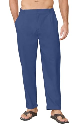 CheChury Leinenhose Herren Sommer Lang Hosen Lässige Herren Sommerhose Loose Fit Freizeithose Sommer Einfarbig Hose Lang Strandhose Urlaub Alltag Leinen Hose Leicht Herren mit Taschen,Marine,XXL von CheChury