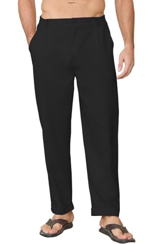 CheChury Leinenhose Herren Sommer Lang Hosen Lässige Herren Sommerhose Loose Fit Freizeithose Sommer Einfarbig Hose Lang Strandhose Urlaub Alltag Leinen Hose Leicht Herren mit Taschen,Schwarz,XXL von CheChury