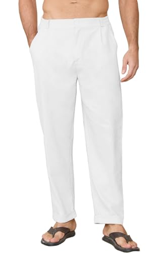 CheChury Leinenhose Herren Sommer Lang Hosen Lässige Herren Sommerhose Loose Fit Freizeithose Sommer Einfarbig Hose Lang Strandhose Urlaub Alltag Leinen Hose Leicht Herren mit Taschen,Weiß,XL von CheChury