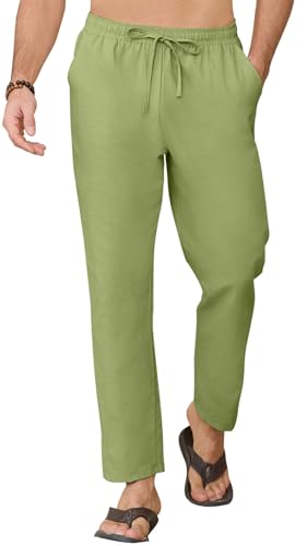 CheChury Leinenhose Herren Sommer Lose Leinenhose Sommerhose Leicht Freizeithose Lässige Hosen Herren Strandhose Urlaub Alltag Einfarbig Hose Lang für Männer Yogahose mit Taschen Kordelzug,Grün,XL von CheChury