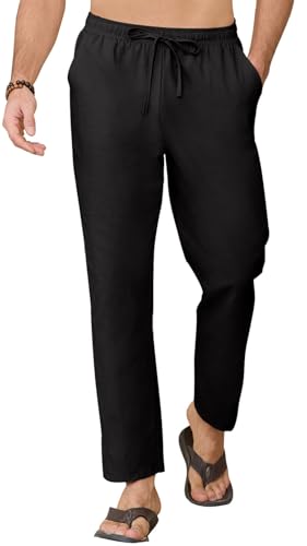 CheChury Leinenhose Herren Sommer Lose Leinenhose Sommerhose Leicht Freizeithose Lässige Hosen Herren Strandhose Urlaub Alltag Einfarbig Hose Lang für Männer Yogahose mit Taschen Kordelzug,Schwarz,S von CheChury