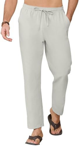 CheChury Leinenhose Herren Sommer Lose Leinenhose Sommerhose Leicht Freizeithose Lässige Hosen Herren Strandhose Urlaub Alltag Einfarbig Hose Lang für Männer Yogahose mit Taschen Kordelzug,Grau,L von CheChury