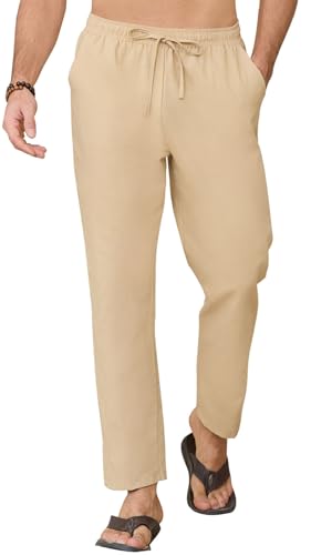 CheChury Leinenhose Herren Sommer Lose Leinenhose Sommerhose Leicht Freizeithose Lässige Hosen Herren Strandhose Urlaub Alltag Einfarbig Hose Lang für Männer Yogahose mit Taschen Kordelzug,Khaki,S von CheChury