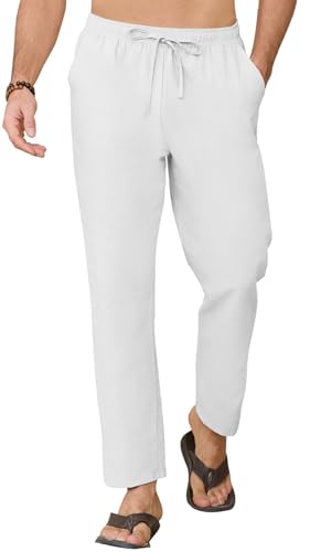 CheChury Leinenhose Herren Sommer Lose Leinenhose Sommerhose Leicht Freizeithose Lässige Hosen Herren Strandhose Urlaub Alltag Einfarbig Hose Lang für Männer Yogahose mit Taschen Kordelzug,Weiß,S von CheChury