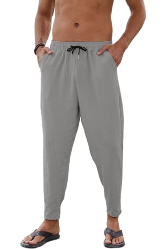 CheChury Leinenhosen Herren Jogging Hose Leicht Sommerhose Lang Leinen Yoga Hosen Baumwolle Leinenhosen Loose Fit Freizeithose Casual Strandhosen mit Kordelzug Taschen für Urlaub Alltag,Grau,L von CheChury