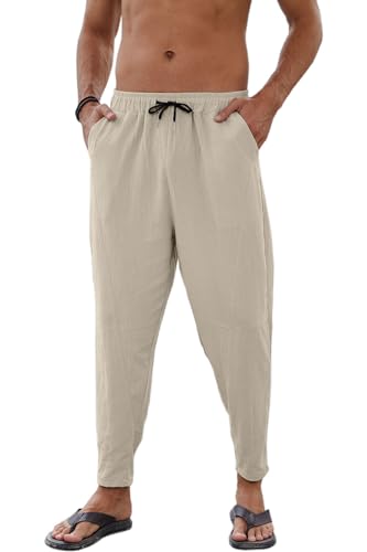 CheChury Leinenhosen Herren Jogging Hose Leicht Sommerhose Lang Leinen Yoga Hosen Baumwolle Leinenhosen Loose Fit Freizeithose Casual Strandhosen mit Kordelzug Taschen für Urlaub Alltag,Khaki,L von CheChury