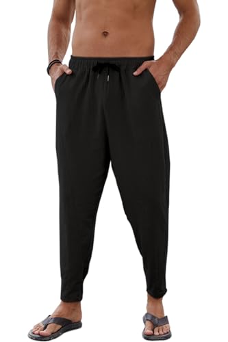 CheChury Leinenhosen Herren Jogging Hose Leicht Sommerhose Lang Leinen Yoga Hosen Baumwolle Leinenhosen Loose Fit Freizeithose Casual Strandhosen mit Kordelzug Taschen für Urlaub Alltag,Schwarz,L von CheChury