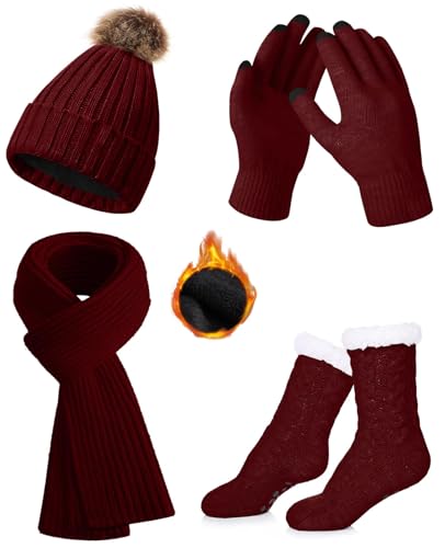 CheChury Mütze Schal Handschuh Sets Damen Socken Wintermütze mit Bommel Fleece Gefütterte Touchscreen Handschuhe Wärmer Lange Strickmütze Schal Warm Beanie Mütze Socken 4 Stück Set Gestrickte Winter von CheChury