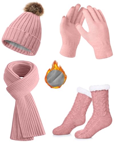 CheChury Mütze Schal Handschuh Sets Damen Socken Wintermütze mit Bommel Fleece Gefütterte Touchscreen Handschuhe Wärmer Lange Strickmütze Schal Warm Beanie Mütze Socken 4 Stück Set Gestrickte Winter von CheChury