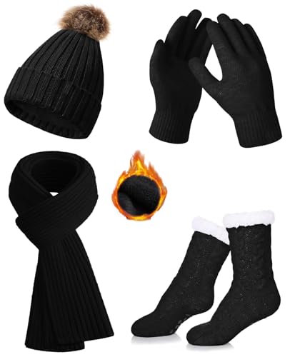 CheChury Mütze Schal Handschuh Sets Damen Socken Wintermütze mit Bommel Fleece Gefütterte Touchscreen Handschuhe Wärmer Lange Strickmütze Schal Warm Beanie Mütze Socken 4 Stück Set Gestrickte Winter von CheChury