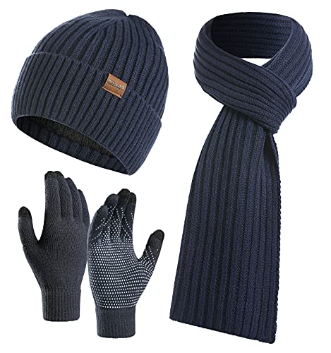 CheChury Mütze Schal Handschuh Sets für Herren Damen Mütze Touchscreen Handschuhe Beanie Warme Mütze Strickmütze Weich Winterschal Herren Mütze 3 in 1 Winter Langer Schal Geschenk Unisex,Navy blau von CheChury