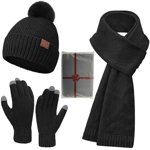 CheChury Mütze Touchscreen Handschuhe Lang Schal Set Damen Winter Warm mit Fleece Gefütterte Wintermütze Strickmütze Beanie Bommel Schals Winterhandschuhe Strickhandschuhe Frauen Geschenk Weihnachten von CheChury